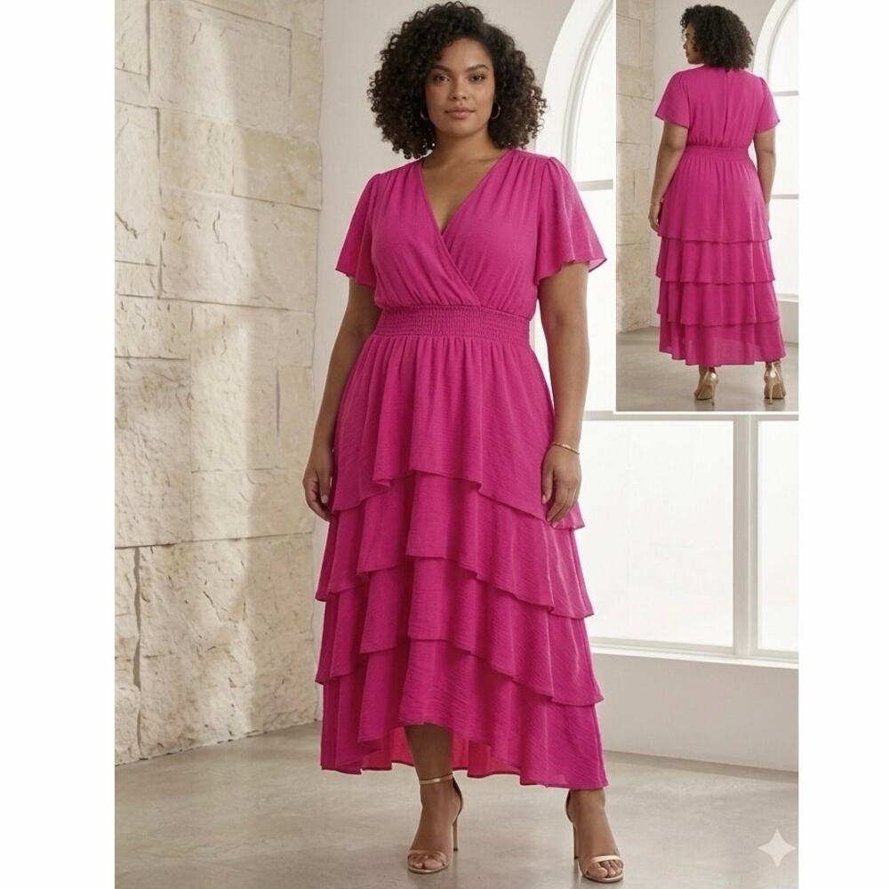 Vibrant High-Low Tiered Ruffle Midi Dress: Effortless Elegance in Bright Fuchsia